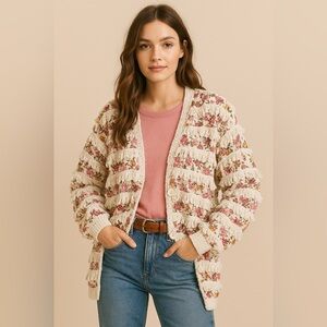 Vintage Paula Sweet Muslim Mink Floral Cream Cardigan jacket small boho USA made